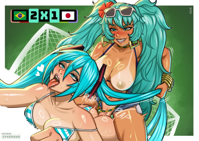 2026_fifa_world_cup 2girls ahegao alternate_breast_size_(larger) aqua_hair bikini bikini_bottom_aside blush bracelet brazilian_flag brazilian_miku breasts clothing_aside collarbone commentary dark-skinned_female dark_skin earrings english_commentary eyewear_on_head flower football_goal futa_with_female futanari green_hair grin hair_ornament hatsune_miku interracial japanese_flag jewelry large_breasts long_hair multiple_girls navel nipples penis prone_bone sex shirt smile striped_bikini striped_clothes swimsuit tan tanlines teeth tongue tongue_out twintails vocaloid world_cup zyxdraws