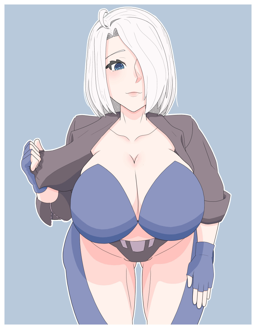 1girls angel_(kof) big_breasts big_tits blue_eyes king_of_fighters light-skinned_female light_skin pale-skinned_female pale_skin short_hair thick voluptuous_female white_hair
