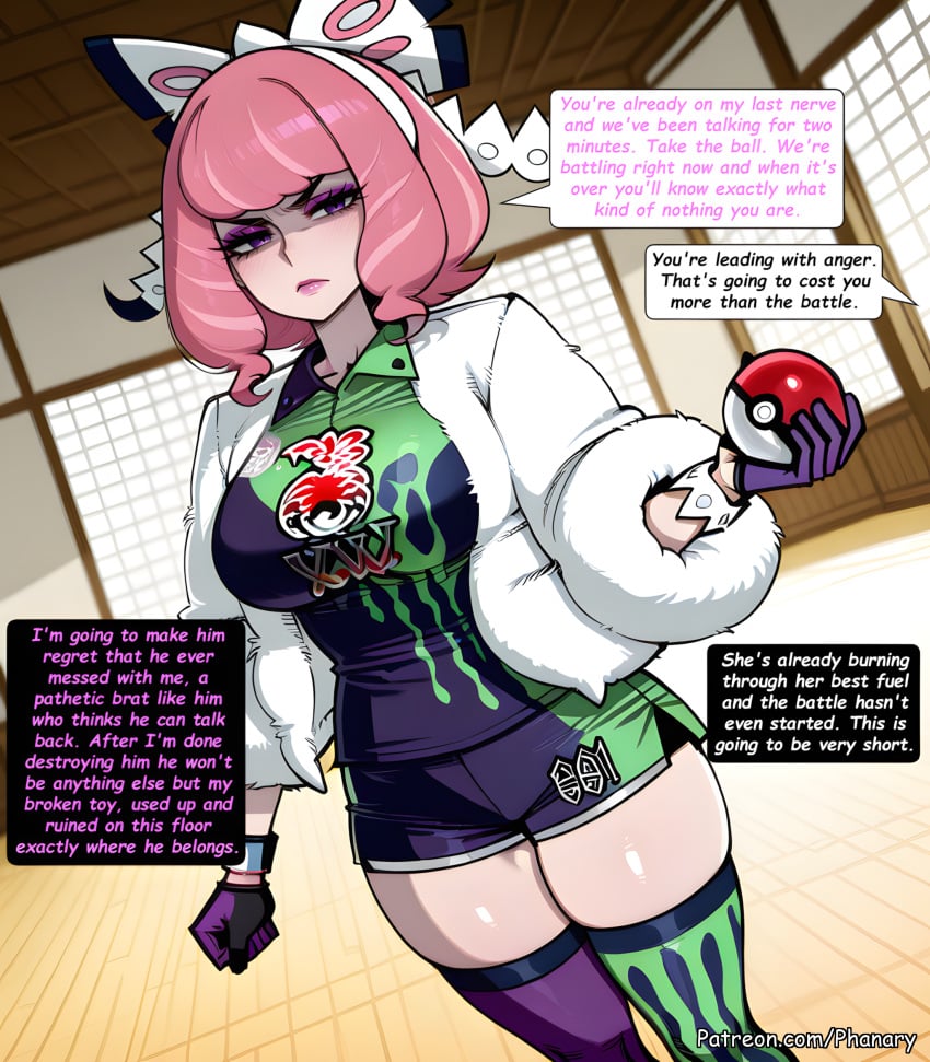1girl ai_generated asymmetrical_legwear big_ass bike_shorts_under_shorts blush bracelet breasts bubble_butt collared_shirt comic comic_page curvy drill_hair dynamax_band english_text eyeshadow flipped_hair fur_coat fur_jacket game_freak gloves gym_leader hair_bow highres holding holding_poke_ball huge_breasts indoors jacket jewelry klara_(pokemon) large_breasts looking_at_viewer makeup mismatched_legwear mole mole_under_mouth multiple_panels nintendo nintendo_switch patreon patreon_username phanary pink_eyeshadow pink_hair pink_lips player_character poke_ball poke_ball_basic pokemon pokemon_sm pokemon_ss pokemon_sv pokemon_swsh print_shirt print_shorts print_thighhighs purple_eyes shaded_face shirt short_hair shorts side_slit side_slit_shorts solo speech_bubble thick thighhighs thighs twin_drills victor_(pokemon) white_jacket