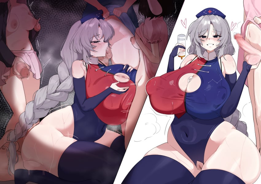 5girls absurdres black_gloves black_thighhighs black_vest blue_hat braid braided_ponytail breasts censored cleavage cleft_of_venus commentary constellation_print covered_navel covered_nipples cum cum_on_body cum_on_breasts curvy dress elbow_gloves english_commentary fellatio futa_with_female futanari futanari_masturbation gangbang gloves grey_hair group_sex hair_pull hat heart highres huge_breasts inaba_tewi long_hair lube masturbation medium_breasts mosaic_censoring multiple_girls nipples nurse_cap oral paizuri penetration pink_dress pink_skirt pussy reisen_udongein_inaba skirt solo_focus squatting testicles teta_39 thick_thighs thighhighs thighs touhou very_long_hair vest yagokoro_eirin