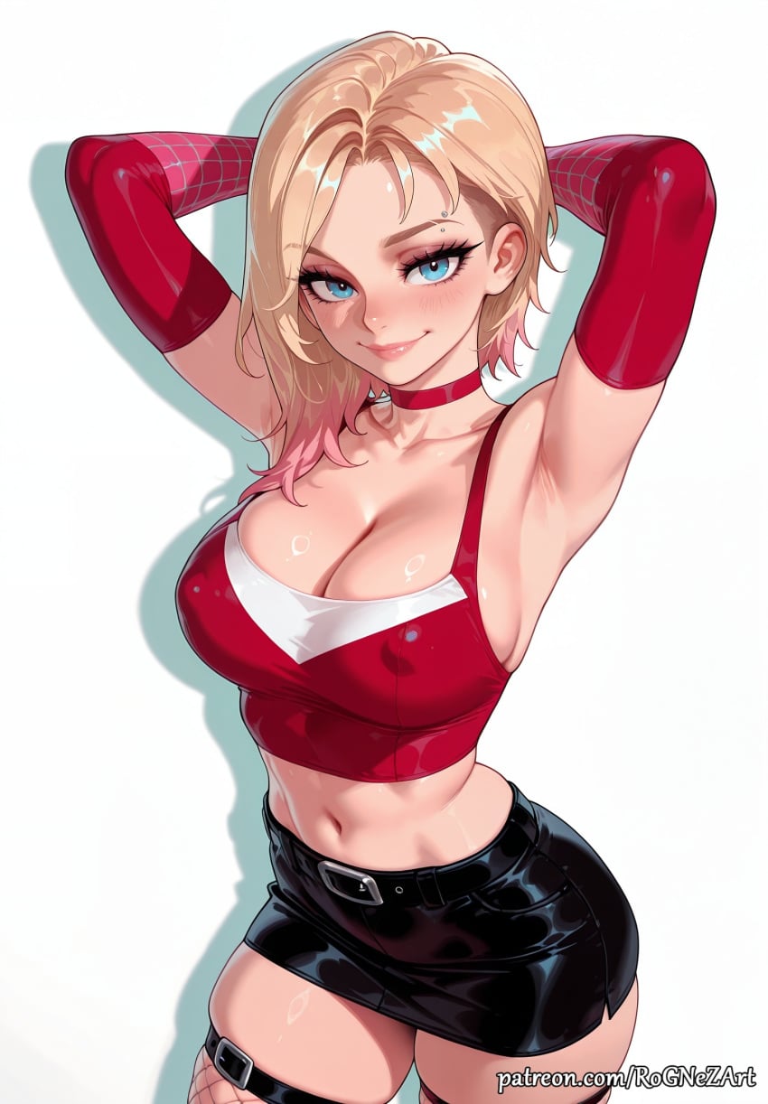 1girl 2026 ai_generated anime armpits arms_behind_head arms_up asymmetrical_hair belt black_skirt blonde_hair blue_eyes blush boobs breasts choker cleavage collarbone covered_nipples cowboy_shot crop_top crossover ear_piercing elbow_gloves eye_contact eyebrow_piercing female female_focus fishnet_thighhighs fishnets flushed gloves gradient_hair gwen_stacy gwen_stacy_(spider-verse) handwear highres huge_breasts large_breasts lips looking_at_viewer marvel marvel_comics midriff miniskirt multicolored_hair navel nsfw patreon patreon_username piercing pink_hair red_gloves rognezart short_hair simple_background skindentation skirt smile smiling solo spider-gwen spider-man_(series) sweat sweaty thigh_strap thighhighs white_background