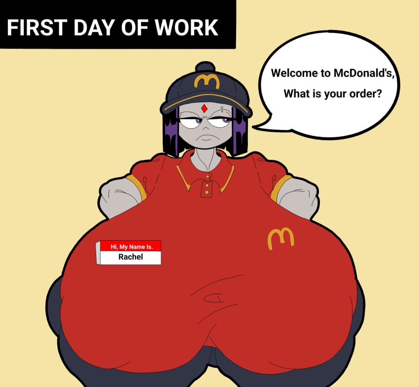 dialogue gray_skin large_ass large_breasts mcdonald's nametag ogre_jack raven_(dc) tagme text uniform wide_hips