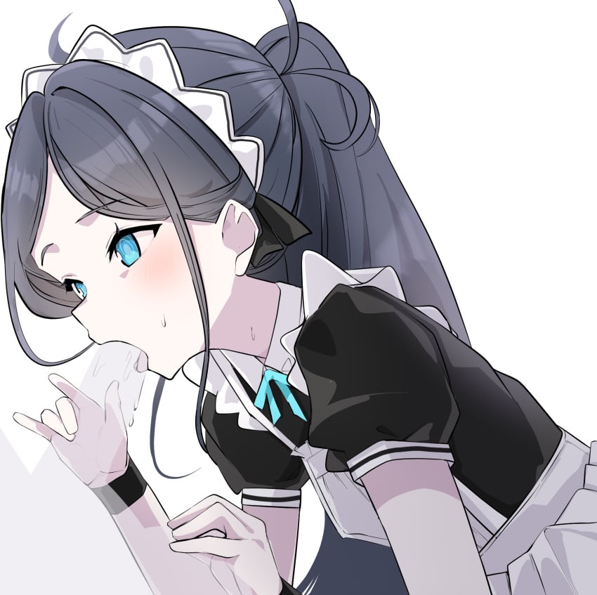 1boy 1girl alternate_costume apron aris_(blue_archive) aris_(maid)_(blue_archive) black_dress black_hair blue_archive blue_eyes commentary_request dress erection fellatio hetero highres invisible_penis leaning_forward light_blush long_hair maid maid_apron maid_headdress oral ponytail short_sleeves solo_focus sweatdrop tongue tongue_out torikurashi white_apron white_background