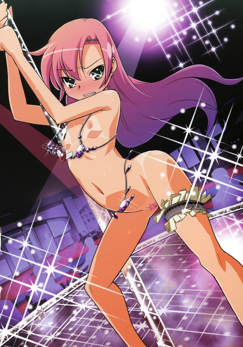 1girls blush flat_chest garter hayate_no_gotoku! highres humiliation jewelry katsura_hinagiku lens_flare long_hair miyagoe_yoshitsuki money navel nude pole pole_dancing pubic_hair sparkle stage tanline tanlines uncensored