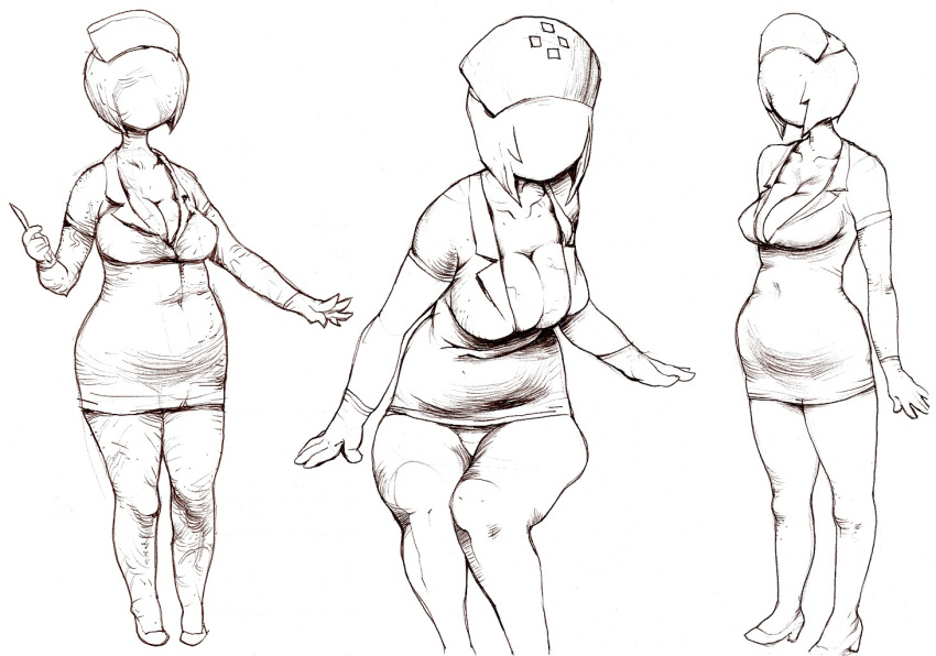 2d 2d_(artwork) big_breasts bubble_head_nurse cleavage faceless female female_only full_body monochrome monster_girl nurse nurse_(silent_hill) nurse_cap nurse_uniform plump shizuoka silent_hill silent_hill_2 standing tight_clothing traditional_media_(artwork) wide_hips