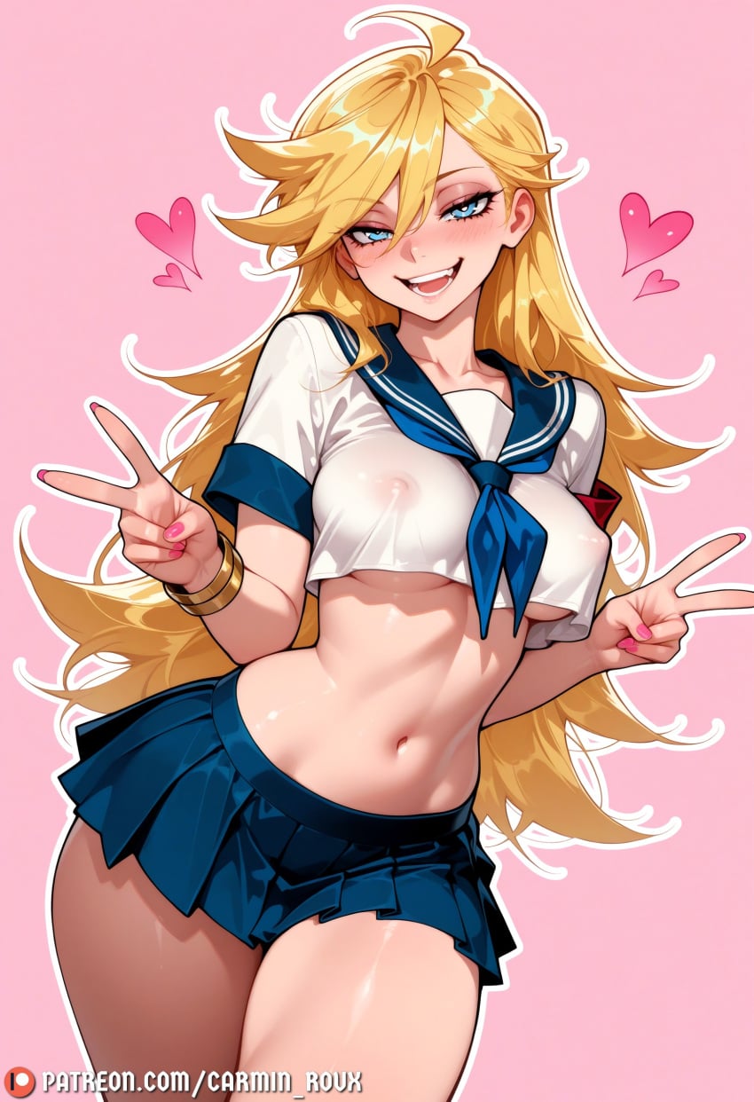 1girl ahoge ai_generated blonde_hair blue_eyes blue_sailor_collar blue_skirt blush bracelet breasts carminroux covered_nipples crop_top double_v heart jewelry large_breasts long_hair looking_at_viewer medium_breasts midriff miniskirt navel neckerchief no_bra open_mouth panty_&_stocking_with_garterbelt panty_(psg) panty_anarchy patreon_username pink_background pink_nails pleated_skirt sailor_collar school_uniform serafuku shirt short_sleeves simple_background skirt smile solo teeth thighs underboob v white_shirt