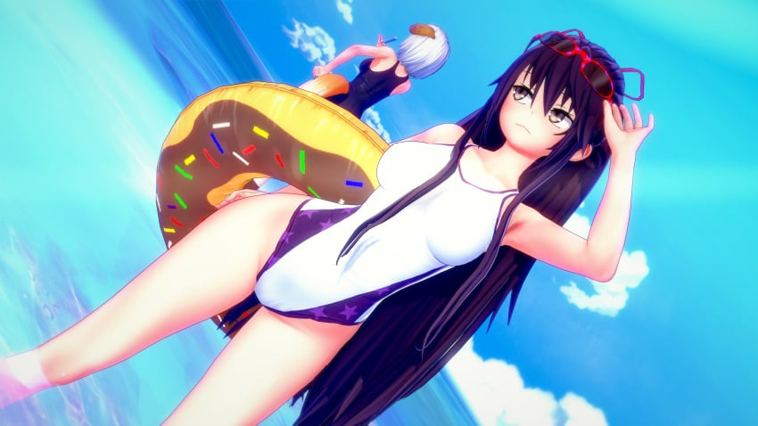 2girls background_character beach black_hair black_swimsuit blush clouds date_a_live dr.xidan17 hair_ribbon inner_tube large_breasts long_hair looking_at_viewer ocean one-piece_swimsuit sky standing summer sunglasses swimsuit thighs tobiichi_origami white_hair white_swimsuit yatogami_tohka