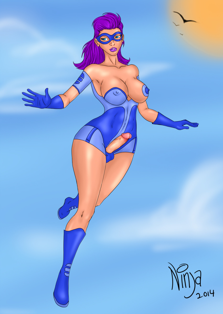 1futa blue_eyes boots breasts cleavage domino_mask erect_nipples erection flying futa_only futanari gloves hair intersex large_breasts lipstick long_hair mask masked masked_futa ninjaoi penis purple_hair solo the_phantom_futa tight_clothes