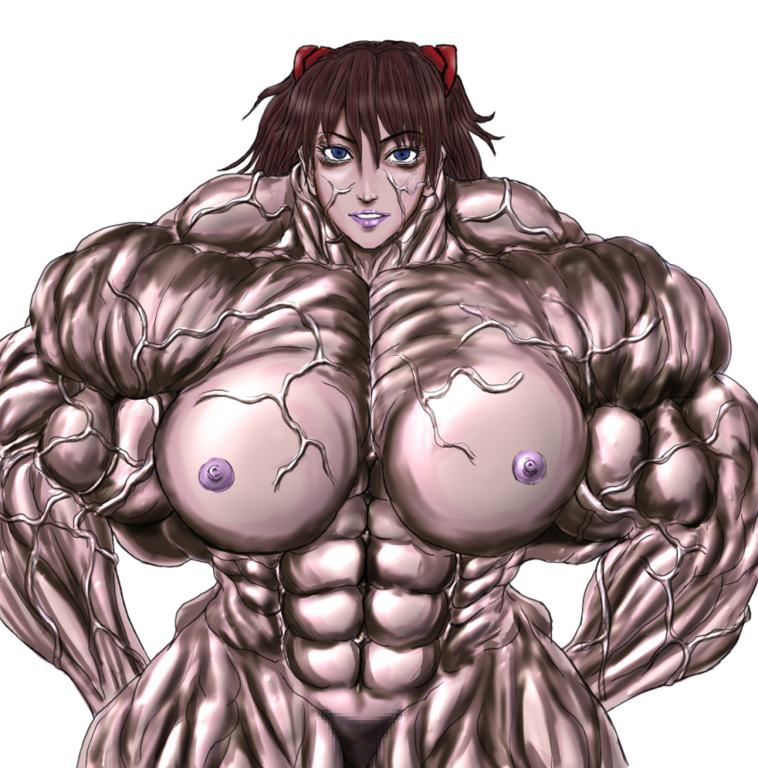 abs asuka_langley_sohryu breasts brown_hair censored extreme_muscles female flex gigantic_breasts hair hands_on_hips muscle muscles muscular muscular_female neon_genesis_evangelion no_bra no_panties posing s20k00y veins