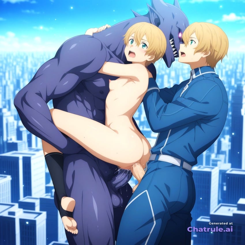 1boy ai_assisted ai_generated anal_sex anime_coloring anime_screencap attack barefoot barely_clothed blonde_hair blurry_background city double_penetration eugeo fighting_stance foot_fetish from_side full_body_view glowing green_eyes hair_between_eyes light_particles male_focus naked_pussy official_style perfect_anatomy perky_breasts rough_sex science_fiction sex_from_behind short_hair toeless_legwear uncensored vaginal_sex