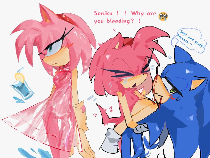 1boy 1girls amy_rose arm_behind_back averting_eyes blood_drip blue_fur blush breasts_against_chest crying crying_emoji crystalsdd dress drink emoji emoticon english_text eulipotyphlan eyelashes eyes_closed featureless_breasts female fluffy fluffy_breasts fluffy_chest green_eyes holding_tail lemon_slice lidded_eyes looking_away nosebleed nude_female one_arm_behind_back pink_fur see-through_dress shuijingsdd sonic_(series) sonic_the_hedgehog sonic_the_hedgehog_(series) star thought_bubble white_background