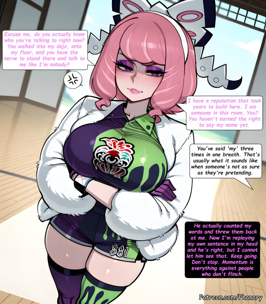 1girl ai_generated anger_vein asymmetrical_legwear big_ass bike_shorts_under_shorts blush breasts bubble_butt coat comic comic_page crossed_arms curvy drill_hair english_text eyeshadow flipped_hair fur_coat fur_jacket game_freak gloves gym_leader hair_bow hairband highres huge_breasts jacket klara_(pokemon) large_breasts lips looking_at_viewer makeup mismatched_legwear mole mole_under_mouth multiple_panels nintendo nintendo_switch patreon patreon_username phanary pink_eyeshadow pink_hair pink_lips player_character pokemon pokemon_sm pokemon_ss pokemon_sv pokemon_swsh print_shirt print_shorts print_thighhighs purple_eyes shaded_face shirt short_hair shorts solo speech_bubble spoken_anger_vein thick thighhighs thighs twin_drills victor_(pokemon) web_address white_jacket