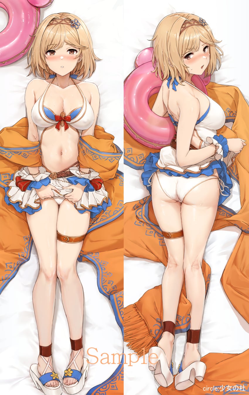 1girls akita_hika ass ass_focus bikini blonde blonde-haired_female blonde_female blonde_hair blue_swimsuit blush blushing bob_cut breasts breasts_out brown_eyes dakimakura_(medium) djeeta_(granblue_fantasy) dress_swimsuit exposed_breasts female granblue_fantasy lifting_own_clothes medium_breasts multiple_views navel official_alternate_costume short_hair skirt skirt_lift swimsuit white_bikini
