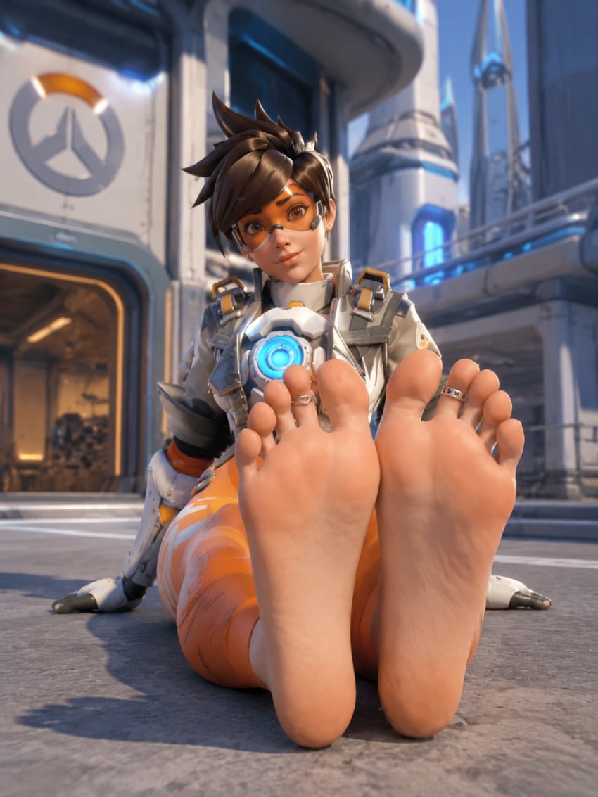 ai_generated barefoot big_feet feet feet_fetish feet_together foot_fetish foot_focus glasses leggings legwear long_feet long_soles looking_at_viewer orange_legwear overwatch overwatch_2 pixie_cut short_hair soles soles_fetish tight_clothing toe_ring toes toes_fetish tracer tracer_(overwatch) tracer_(overwatch_2_suit)