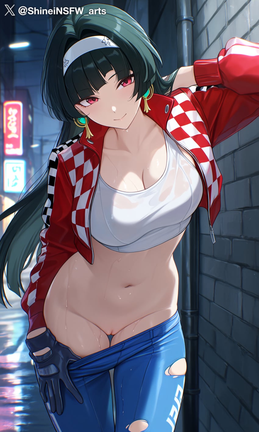 1girls ai_generated astra_yao black_hair looking_at_viewer pussy pussy_juice red_eyes shineinsfw smile solo standing uncensored wet zenless_zone_zero