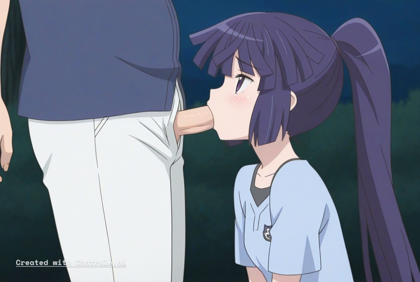 1girl ai_assisted ai_generated anime_coloring anime_screencap big_butt blowjob blue_shirt blush clothed clothing couple deep_throat detailed fellatio female from_side girl girly green_eyes kneeling night oral outdoors ponytail purple_eyes purple_hair short_hair small_breasts spreading_legs squating sucking_penis very_long_hair white_leggings whore younger_female