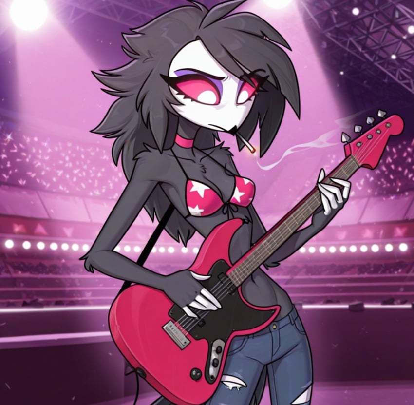 ai_generated anthro avian beak bikini bikini_top blue_jeans choker cigarette cleavage dark_body dark_feathers dark_grey_body electric_guitar feathers focus furry guitar helluva_boss hot instrument looking_down midriff music octavia_(helluva_boss) owl owl_demon owl_girl pants performance playing_guitar red_sclera ripped_pants shirtless skinny slender_waist smoking smoking_cigarette stage white_face white_pupils