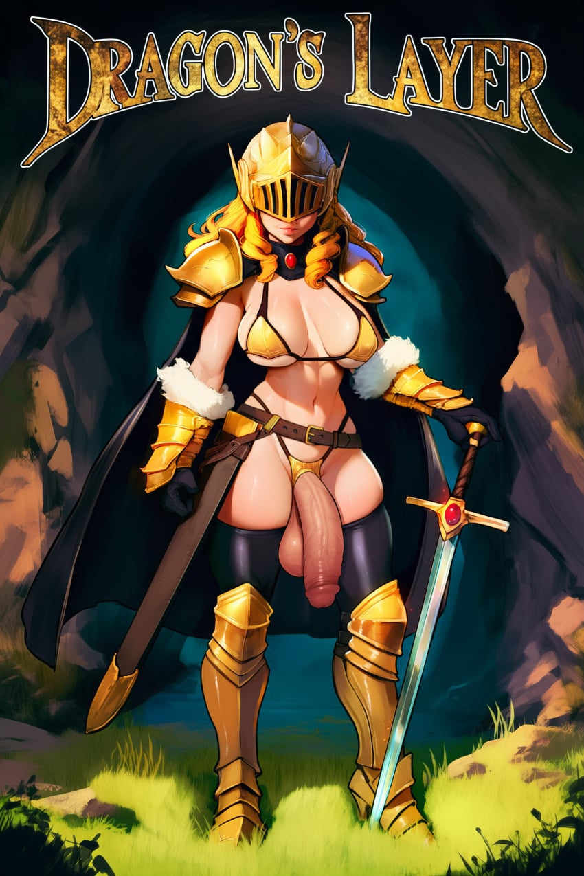 ai_generated big_breasts big_penis bikini cave comic_cover dramatic futa_only futanari knight outdoors sword