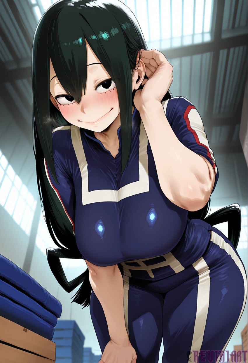1girl adjusting_hair ai_generated asui_tsuyu black_eyes black_hair blush boku_no_hero_academia breasts closed_mouth green_hair hair_between_eyes hair_rings hair_tucking hand_in_own_hair hand_up indoors large_breasts leaning_forward long_hair looking_at_viewer low-tied_long_hair my_hero_academia pants reviaiart shirt smile solo sportswear standing thighs tsuyu_asui very_long_hair window