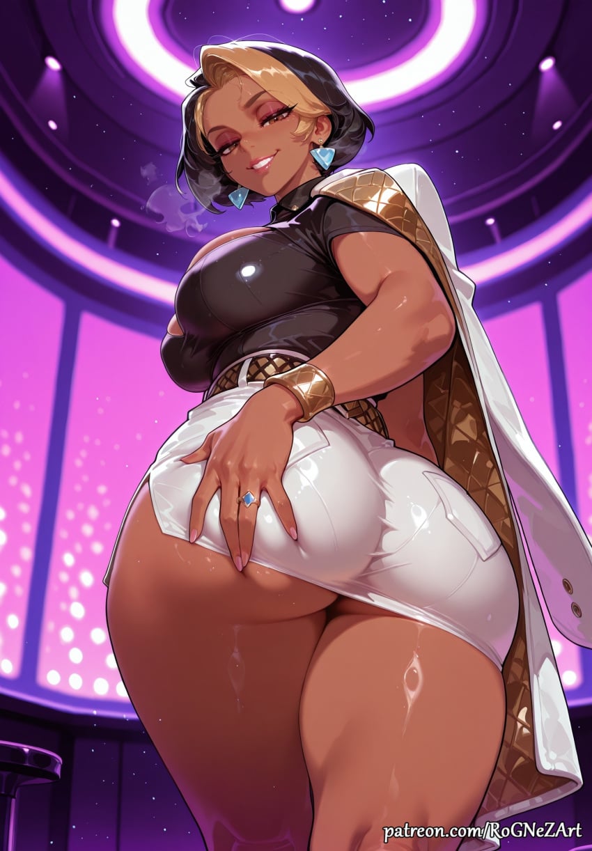 1girl 2026 ai_generated anime ass ass_grab blizzard_entertainment boobs bracelet breasts brown_eyes brown_hair buttocks cleavage crossover dark-skinned_female dark_skin domina domina_(overwatch) earrings eye_contact female female_focus fingernails from_behind from_below grabbing_own_ass hand_on_own_ass highres huge_breasts jacket jacket_on_shoulders jewelry large_breasts lips looking_at_viewer looking_back looking_down low_angle makeup mature_female nsfw overwatch patreon ring rognezart shiny shiny_skin short_hair skirt smile smiling solo sweat sweaty thick_thighs thighs white_skirt