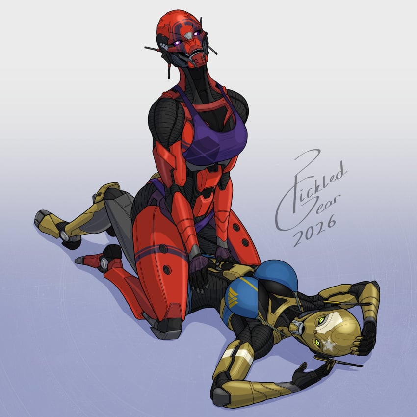 2girls bikini bikini_bottom bikini_top destiny_(game) destiny_2 exo female female/female female_only glowing_eyes gold_body guardian_(destiny) pickledgear red_body robot robot_girl robot_humanoid tagme titan_(destiny) warlock_(destiny) yuri