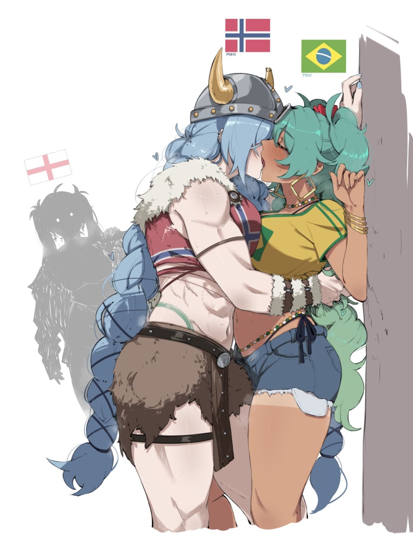 2d 2d_(artwork) 2d_artwork 3girls abs absurdly_long_hair absurdres aqua_hair biceps blue_hair blush bracelet braid brazilian_flag brazilian_flag_print brazilian_miku breast_press breasts character closed_eyes commentary dark-skinned_female dark_skin denim denim_shorts digital_media drawing drawn earrings england english_commentary english_flag english_miku fake_horns female_focus female_only flag_print fur-trimmed_bracer fur-trimmed_shirt fur_skirt fur_trim girl girls gold_bracelet gold_earrings hair_between_eyes hair_over_eyes hand_on_another's_waist hatsune_miku helmet highres horned_helmet horns jewelry jpeg jpg kabedon kiss large_breasts lesbian lesbian_kiss long_hair masoq095 meme miniskirt multiple_girls muscular muscular_female norway norwegian norwegian_female norwegian_flag norwegian_miku shirt short_shorts short_sleeves shorts skirt symmetrical_docking t-shirt tan twin_braids twintails very_long_braid very_long_hair vocaloid woman women world_cup yellow_shirt yuri