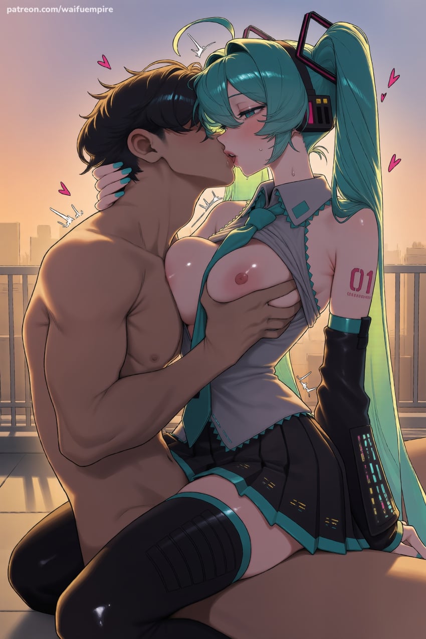 1boy 1girl ahoge ai_generated black_legwear black_skirt blush breast_grab breasts detached_sleeves grabbing half-closed_eyes hatsune_miku heart heart-shaped_pupils hetero hi_res high_quality high_resolution kiss long_hair nail_polish necktie nipples nude open_shirt patreon seductive sexy shirt sitting skirt symbol-shaped_pupils thighhighs twintails uncensored vocaloid watermark