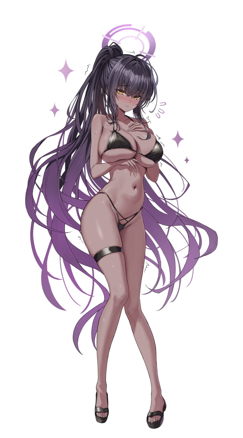 1girl absurdres ahoge bare_shoulders bikini black_bikini black_hair black_sandals blue_archive blush breasts cleavage collarbone dark-skinned_female dark_skin full_body gradient_hair groin halo highres karin_(blue_archive) large_breasts long_hair looking_at_viewer multicolored_hair navel ponytail purple_hair purple_halo sandals solo swimsuit thigh_strap thighs very_long_hair white_background yellow_eyes