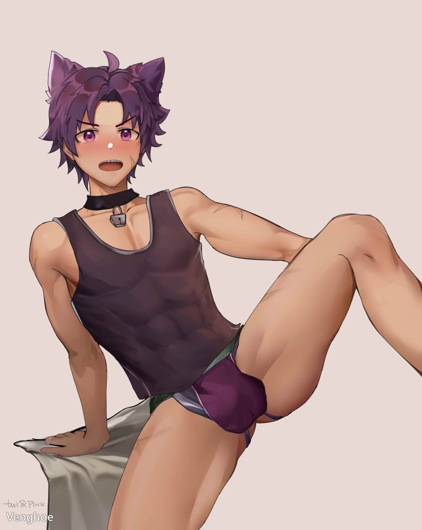 1boy abs absurdres bad_id bad_pixiv_id blush camp_buddy collar commentary english_text gay gay_male highres jockstrap male_underwear muscular muscular_male purple_eyes purple_hair scar scar_on_face tagme tank_top underwear venghoe yaoi yukimura_yoichi