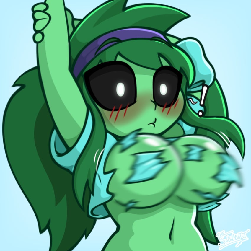 ! 1girls 2026 2d 2d_(artwork) arm_up big_breasts blue_shirt blurry_foreground blush blush_lines breasts color colored convenient_censoring digital_drawing_(artwork) digital_media_(artwork) female female_only green_body green_hair green_skin minecraft motion_lines ripped_clothes ripped_clothing shirt_rip shocked shocked_expression simple_background solo solo_female thesoderaddict torn_clothes torn_clothing upper_body wardrobe_malfunction zilly_(thesoderaddict) zombie zombie_girl