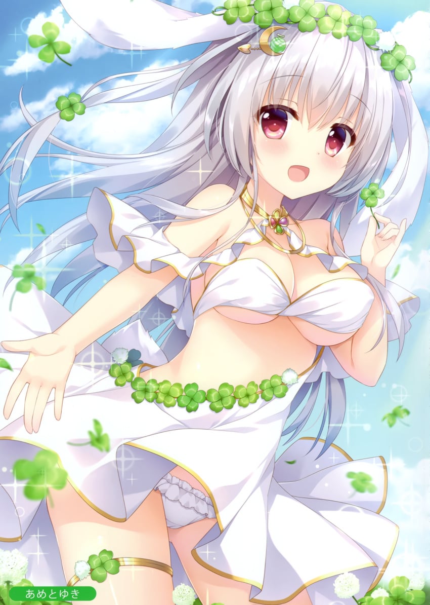 1girl ameto_yuki ass_visible_through_thighs blush breasts bunny_ears clover clover_hair_ornament frilled_dress frilled_skirt frills hair_ornament highres large_breasts original panties rabbit_ears rabbit_girl skirt_lift small_but_busty thigh_strap underwear white_hair