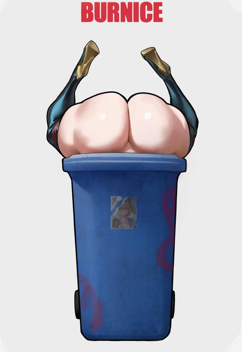 1girls ass ass_focus big_ass blonde_hair bottomless burnice_white discarded female goggles heels hoyoverse humiliation in_trash_can jacket large_ass legs_apart legs_spread legs_up light-skinned_female light_skin no_underwear picture red_text shiny_skin simple_background spiralnoww stiletto_heels thighhighs thrown_away trash_can upside-down white_background zenless_zone_zero