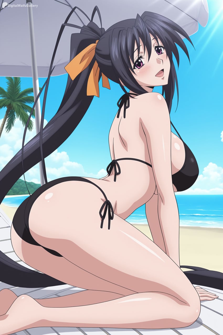 1girl ai_generated akeno_himejima ass barefoot beach beach_umbrella bikini black_bikini black_hair blue_sky blush breasts cloud day digitalwaifugallery hair_between_eyes hair_ribbon hi_res high_quality high_resolution high_school_dxd kneeling large_breasts long_hair looking_at_viewer ocean open_mouth orange_ribbon outdoors palm_tree patreon ponytail purple_eyes ribbon seductive sexy side-tie_bikini_bottom sideboob sky smile solo swimsuit thighs tree umbrella uncensored very_long_hair watermark