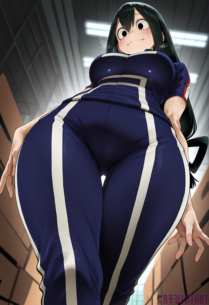 1girl ai_generated arms_at_sides ass_visible_through_thighs asui_tsuyu black_eyes black_hair blush boku_no_hero_academia breasts closed_mouth from_below hair_between_eyes hair_rings indoors large_breasts long_hair looking_at_viewer looking_down low-tied_long_hair my_hero_academia pants reviaiart shirt smile solo sportswear standing thigh_gap thighs tsuyu_asui