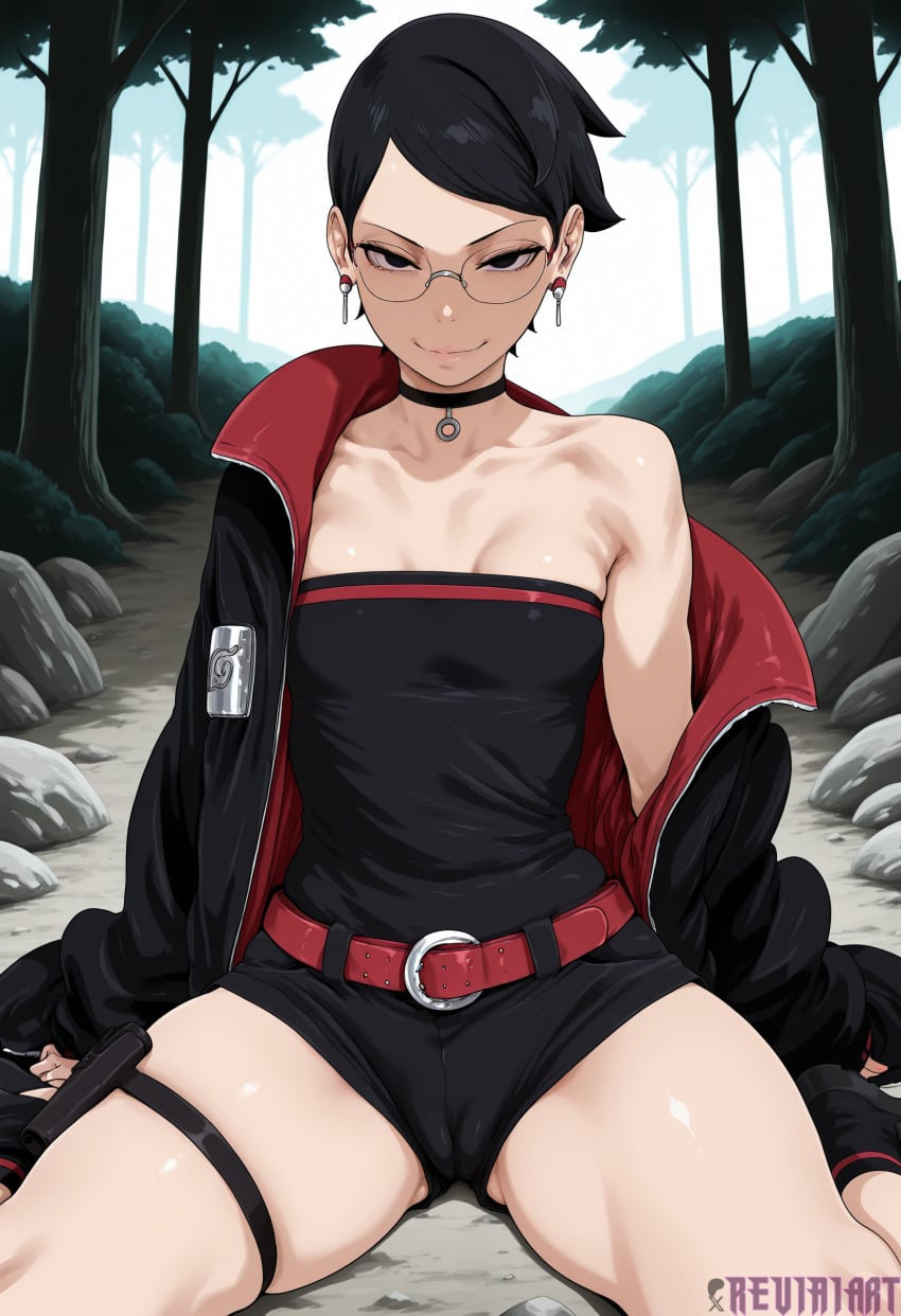 1girl ai_generated bare_shoulders belt black_choker black_eyes black_hair black_jacket black_shorts boruto boruto:_naruto_next_generations boruto:_two_blue_vortex breasts cameltoe choker cleavage closed_mouth collarbone earrings forest glasses jacket jewelry looking_at_viewer naruto naruto_(series) naruto_shippuden nature off_shoulder open_clothes open_jacket outdoors red_belt reviaiart rimless_eyewear rock round_eyewear sarada_uchiha short_hair short_shorts shorts sitting small_breasts smile solo strapless thigh_strap thighs tree wariza