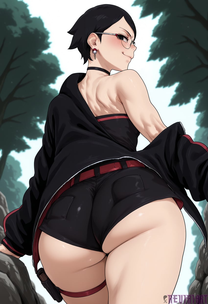 1girl ai_generated ass ass_focus bare_shoulders belt black_choker black_eyes black_hair black_jacket black_shorts blush boruto boruto:_naruto_next_generations boruto:_two_blue_vortex choker earrings from_behind glasses huge_ass jacket jewelry looking_at_viewer looking_back naruto naruto_(series) naruto_shippuden off_shoulder open_clothes outdoors reviaiart sarada_uchiha short_hair short_shorts shorts smile solo thick_thighs thigh_strap thighs tree underbutt
