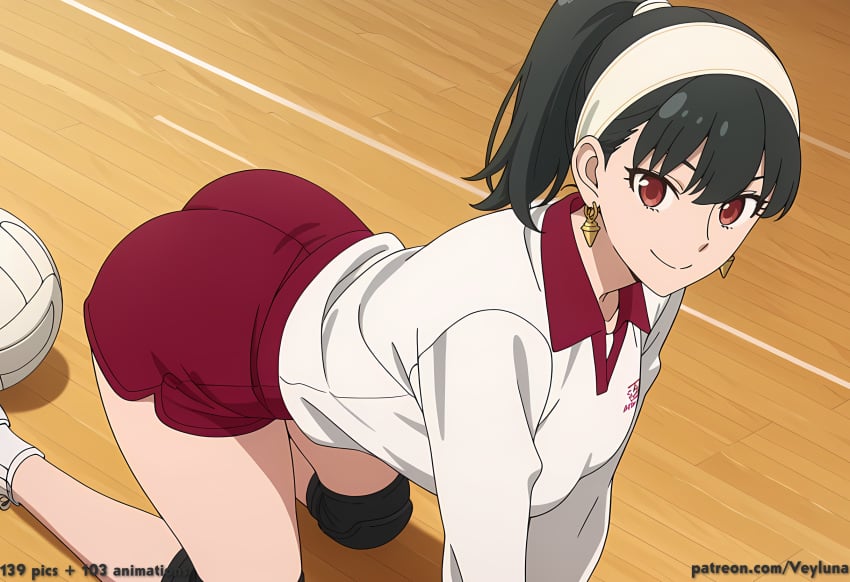1girl 1girls absurd_res ai_assisted ai_generated anime ass ass_focus bent_over black_hair black_knee_pads blush boobs breasts bubble_butt butt butt_focus clothed curvaceous curvy curvy_figure gold_earring gym gym_class gymnasium headband high_resolution highres hourglass_figure huge_ass huge_butt indoors knee_pads light-skinned_female looking_back on_knees patreon patreon_logo patreon_username ponytail red_collar red_eyes red_shorts smile solo solo_focus sports_uniform spy_x_family suggestive_pose thick_thighs thighs volleyball volleyball_uniform white_headband white_shirt wide_hips wooden_floor yor_forger
