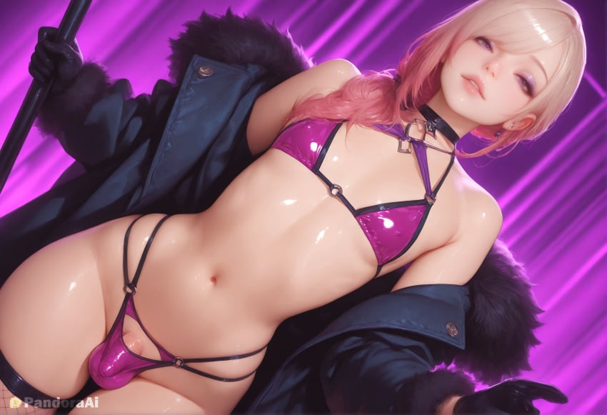 1boy 1femboy absurd_res ai_generated artist_name artist_upload bare_shoulders bikini black_coat black_gloves blonde_hair bulge choker coat covered_penis covered_testicles crossdressing dutch_angle earrings erection femboy femboy_focus feminine_male fishnet_thighhighs fishnets fur_trim gay gloves gradient_hair hair_over_shoulder hi_res holding holding_pole jewelry lips long_hair looking_at_viewer makeup male_focus more_at_source multicolored_hair navel o-ring o-ring_top off_shoulder open_clothes open_coat otoko_no_ko pandora parted_lips patreon patreon_username penis penis_peek pink_hair purple_bikini purple_bra purple_panties self_upload shiny_skin solo stomach swimsuit thighhighs transgender uncensored watermark