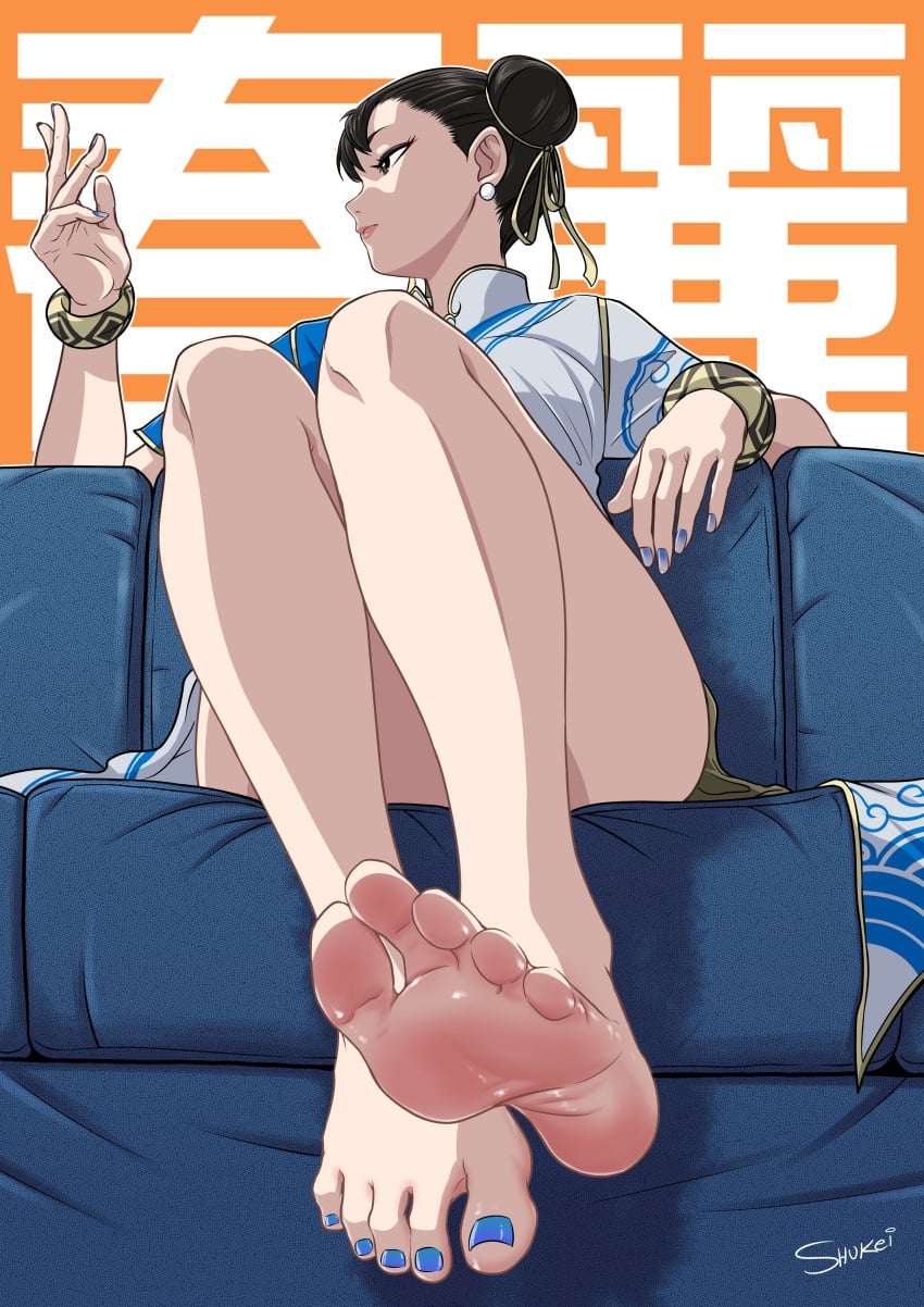 1girls 2025 2d 2d_(artwork) bare_legs barefoot black_footwear blurry blurry_background bracelet breasts brown_eyes brown_hair china_dress chinese_clothes chun-li chun-li_(street_fighter_6) closed_mouth clothing clothing_cutout double_bun dress earrings eyeshadow feet female female_only fingernails flats foot_fetish footwear full_body hair_bun hair_ribbon human human_only jewelry kneeling light-skinned_female light_skin lips makeup medium_breasts nail_polish no_panties no_sex painted_nails painted_toenails pelvic_curtain realistic_proportions ribbon shoes short_sleeves shukeiart slim_female slim_girl slim_waist smile soles soles_female soles_fetish solo solo_female street_fighter tagme thick_thighs thighs tied_hair toes white_border white_dress yellow_ribbon