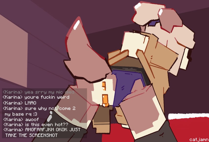 anthro anus ass bed catjam_(artist) clothed clothing clothing_aside clothing_lift dialogue duo eyewear female furniture genitals glasses hair karina_(catjam) legwear looking_away microsoft minecraft mojang panties panties_aside ponytail presenting presenting_anus presenting_hindquarters presenting_pussy pussy raised_tail stockings tail text text_box underwear underwear_aside xbox_game_studios