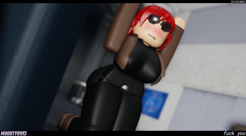 1girls 2024 3d arms_up ass aviator_sunglasses background belt big_ass big_breasts black_clothing black_eyes black_pants blush boots breasts brown_jacket clothed clothed_female dated discord_tag entry_point eyebrows eyebrows_visible_through_hair eyes_open facewear female female_focus female_only fully_clothed fully_clothed_female indoors inside jacket jacket_open letterbox letterboxed long_hair moosty nervous on_knees open_jacket pale-skinned_female pale_skin pants r15 red_hair roblox roblox_game robloxian rose_(entry_point) shirt solo sunglasses sweat watermark