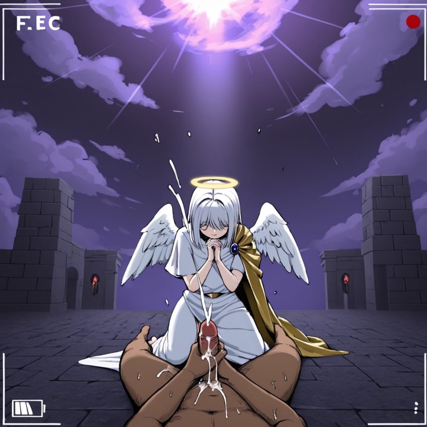 1boy 1girls ai_generated angel angel_girl angel_wings cum dark-skinned_male ejaculation female halo holy interracial kneeling laying_on_ground male masturbation on_knees pov prayer_hands praying robe self_upload tagme white_robe wings worshiping
