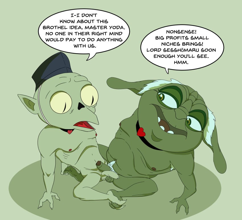 3_fingers 3_toes absurd_res alien asian_mythology balls balls_touching beak bob-jiggles claws clothing collar crack_ship crossover crossover_ship dialogue duo east_asian_mythology elderly elderly_male entwined_toes erection feet fingers frottage genitals glans green_balls green_body green_penis green_skin grey_hair grey_pubes hair half-closed_eyes hat headgear headwear hi_res humanoid imp inuyasha jaken_(inuyasha) japanese_mythology male male/male male_only mature_male moobs mythology narrowed_eyes nipples not_furry nude nude_male open_mouth penile penis pointy_ears pubes pupils rounded_ears rounded_teeth sex sitting skinny slightly_chubby slit_pupils speech_bubble spread_legs spreading star_wars text toe_claws toes tongue yaoi yellow_sclera yoda yoda's_species yokai
