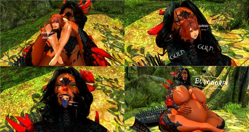 2girls 3d ass_grab au_ra belly belly_button big_belly big_breasts big_thighs breasts burping cross-eyed crossed_legs dark-skinned_female eaten_alive female female_only ffxiv final_fantasy_xiv folded forest gpose(ffxiv) gulp gulping heavy_breathing horns loud_burp matrons_elf miqo'te moaning moaning_in_pleasure neck_bulge scales short_hair sitting sitting_on_floor swallowed_whole swallowing tail thighs tongue_out vore vore_belly