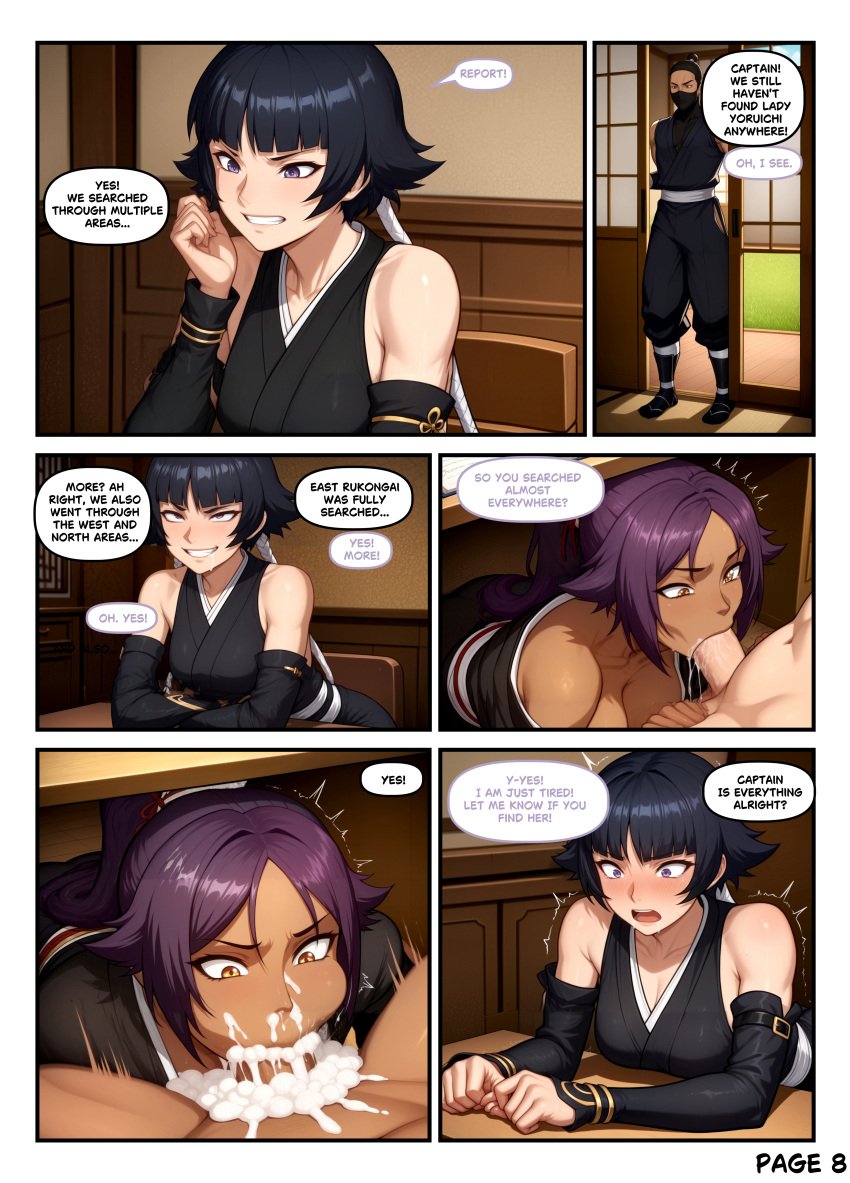 :=> ai_assisted ai_generated bleach bleach:_the_thousand-year_blood_war comic comic_page cum_in_mouth deepthroat dialogue english_text fellatio futa_on_female futanari gener-ai intersex patreon shihouin_yoruichi soifon stealth_fellatio under_the_table