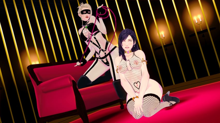 2girls 3d bad_end brainwashed defeated_heroine dominant_female empty_eyes female female_only final_fantasy final_fantasy_vii final_fantasy_vii_remake kneeling kneeling_female masked_female pink_eyes scarlet_(ffvii) sex_slave slutty_clothes submissive_female tifa_lockhart totalsun whip
