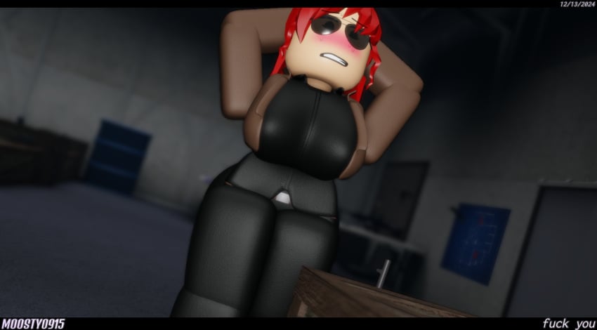 1girls 2024 3d arms_up ass aviator_sunglasses background belt big_ass big_breasts black_clothing black_eyes black_pants blush boots breasts brown_jacket clothed clothed_female dated discord_tag entry_point eyebrows eyebrows_visible_through_hair eyes_open facewear female female_focus female_only fully_clothed fully_clothed_female hands_behind_head indoors inside jacket jacket_open letterbox letterboxed long_hair moosty nervous open_jacket pale-skinned_female pale_skin pants r15 red_hair roblox roblox_game robloxian rose_(entry_point) shirt solo standing sunglasses sweat watermark