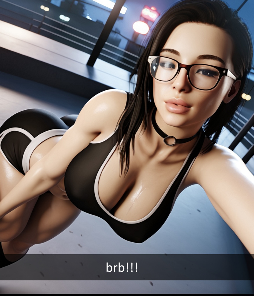 1girls 3d abs ai_generated big_ass big_breasts black_hair caption captioned choker female glasses goth goth_girl kneehighs kneesocks lauren(oc) public radnsad short_shorts shorts snapchat sneakers social_media solo solo_female solo_focus sports_bra story sweat sweaty text thick_thighs