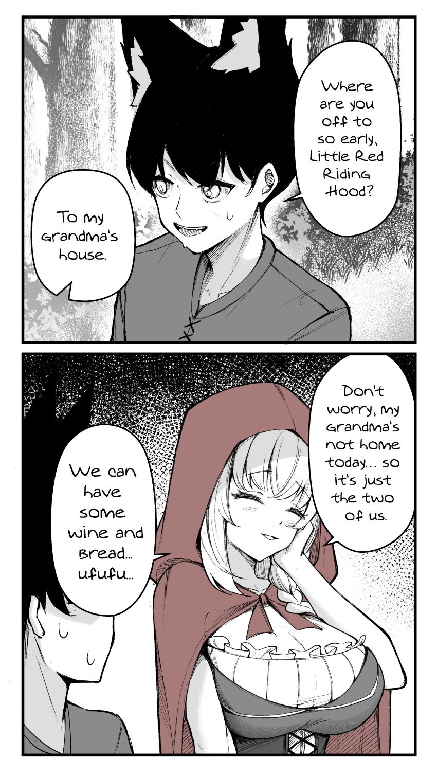 2025 basket big_bad_wolf big_breasts black_hair blonde_hair cloverdot comedic comedy funny huge_breasts imminent_rape imminent_sex large_breasts larger_female little_red_riding_hood meme older_female parents_not_home red_hood shorter_male shy size_difference smaller_male sweatdrop taller_female taller_girl text text_bubble twitter_link twitter_username wolf_boy wolf_ears younger_male