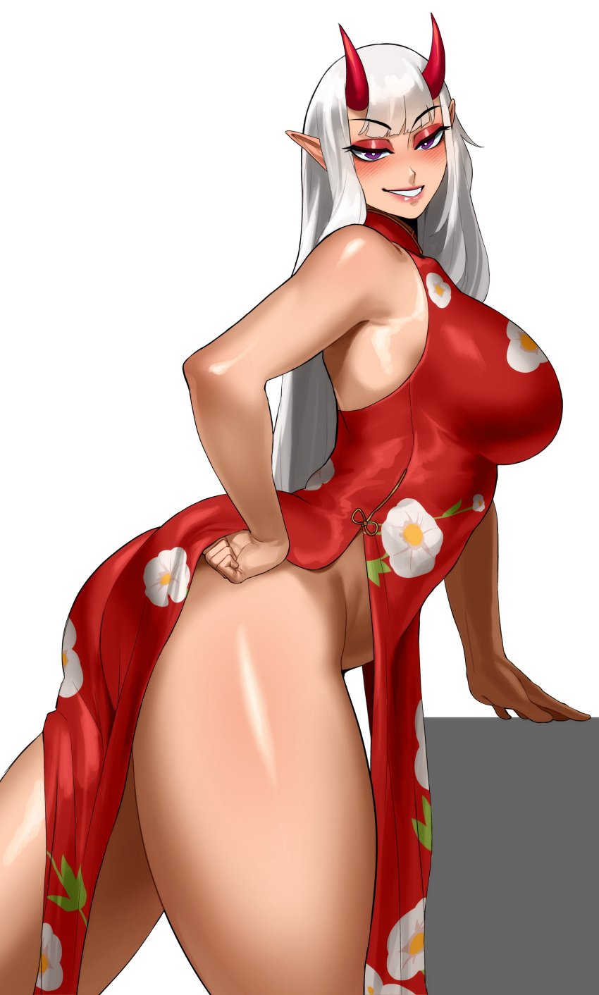 1girls absurd_res ass big_breasts blush commission dress eyeshadow female female_only grin grinning_at_viewer horns long_dress long_hair looking_at_viewer narrowed_eyes oni oni_female oni_horns pointy_ears purple_eyes qipao red_eyeshadow red_horns side_view smiling smiling_at_viewer solo sotcho thick_ass thick_thighs thighs white_background white_hair